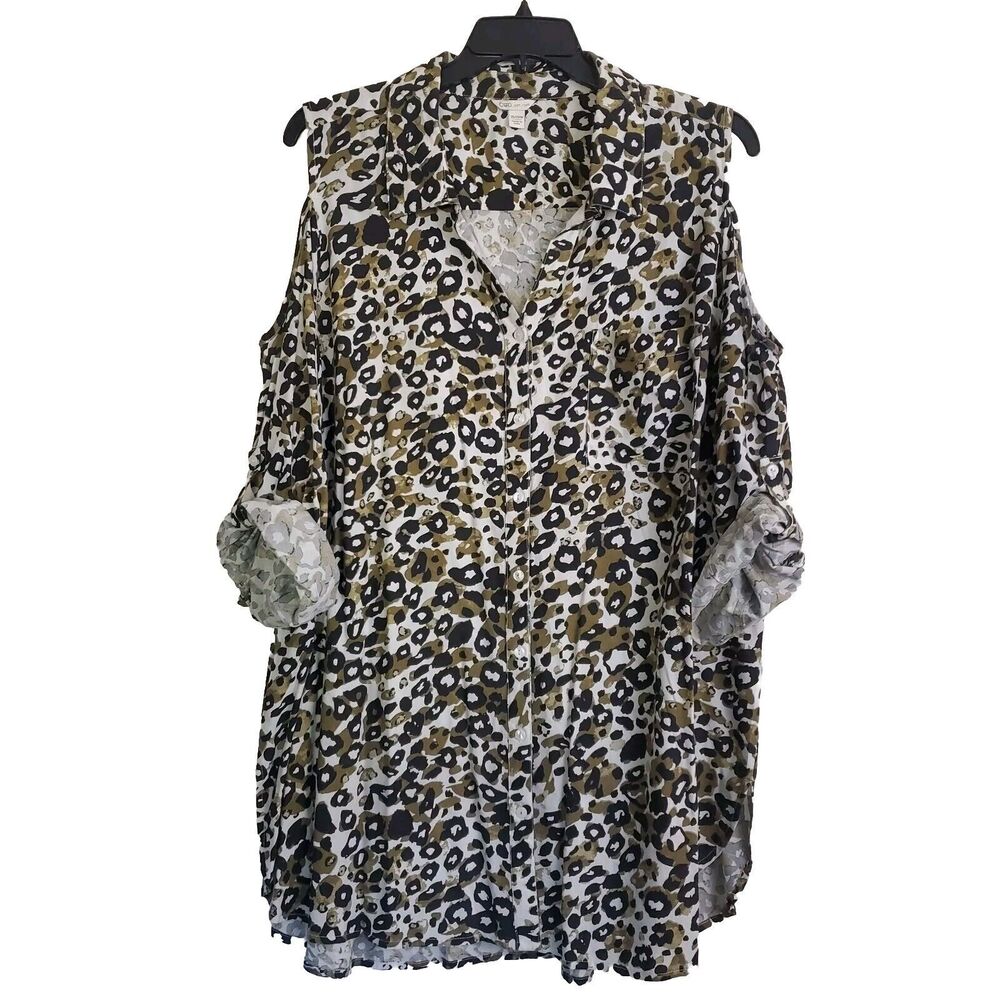 Cato Animal Print Cold Shoulder Tunic Top Sz 26/28W Button Up Collared Roll Tab